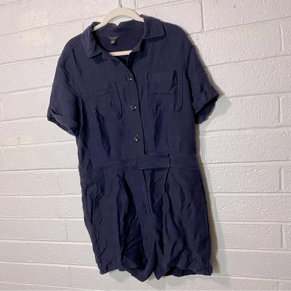 Ann Taylor Linen Blend Navy Blue Jumpsuit Romper 14 Lightweight Cargo Summer - Picture 2 of 16